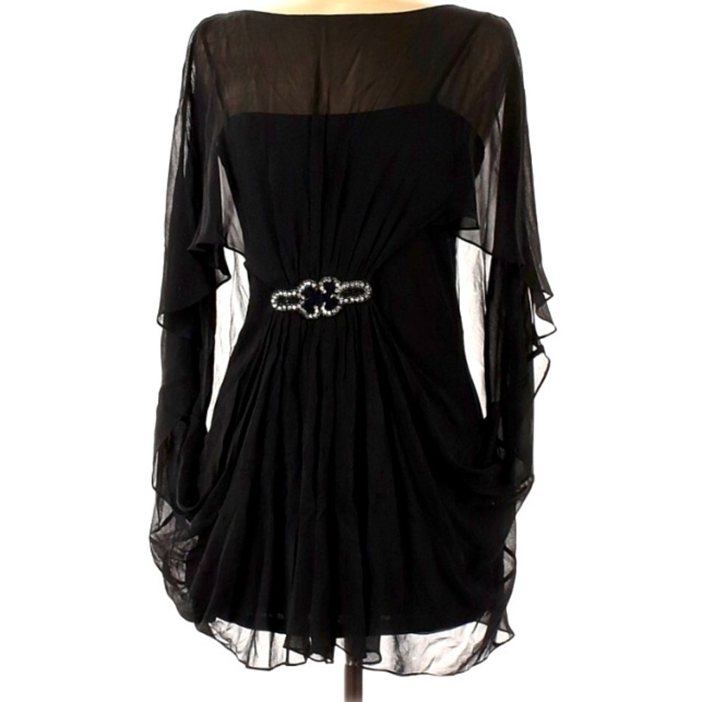 Teri Jon Rickie Freeman x Neiman Marcus Silk overlay mini dress 6 black crystal